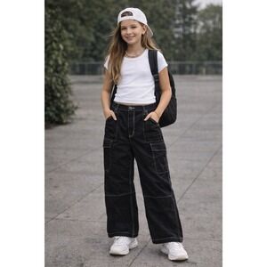 SO good for life, Wide leg High Rise Black Cargo Pants with white stitching LRG
